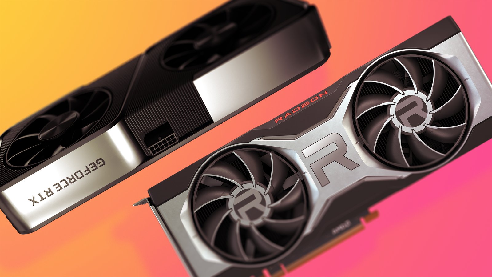 The Nvidia RTX 3070 and AMD RX 6700 XT side by side on a colourful background