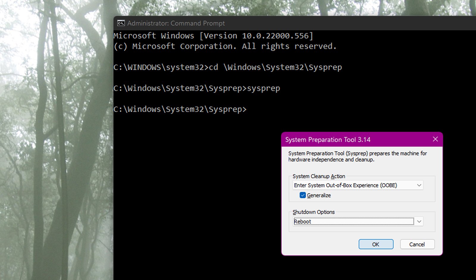 Command prompt open with Sysprep UI.