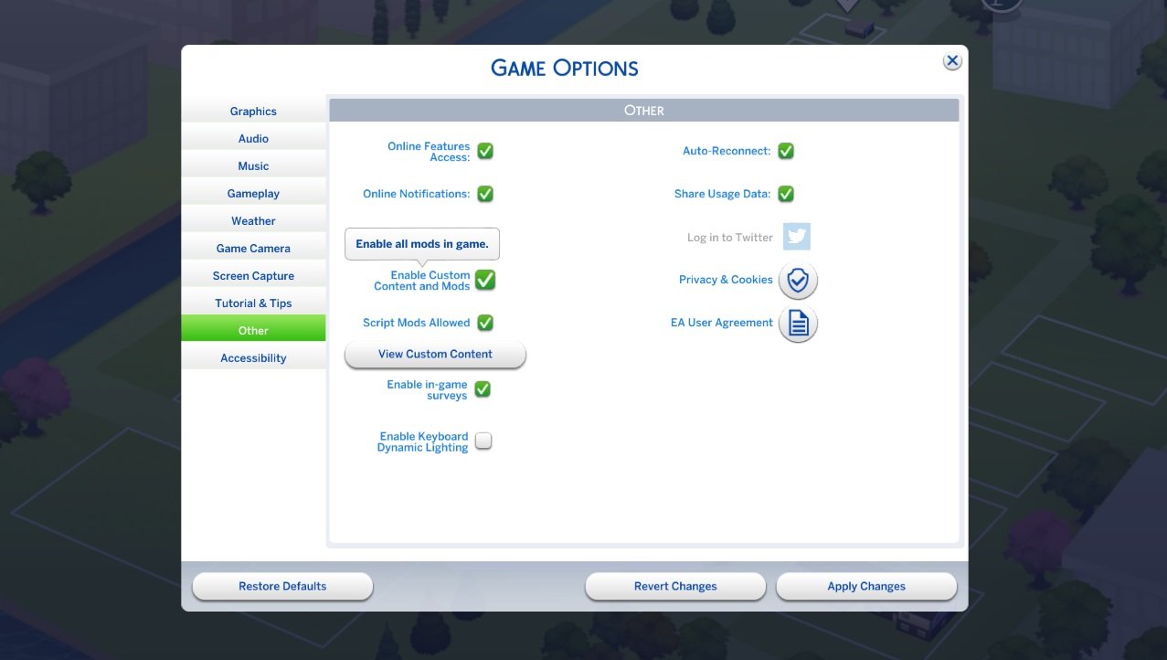 The Sims 4 Options menu unter the Other tab. There is a checkbox for enabling custom content and also a check box for enabling script mods about halfway through the menu page.