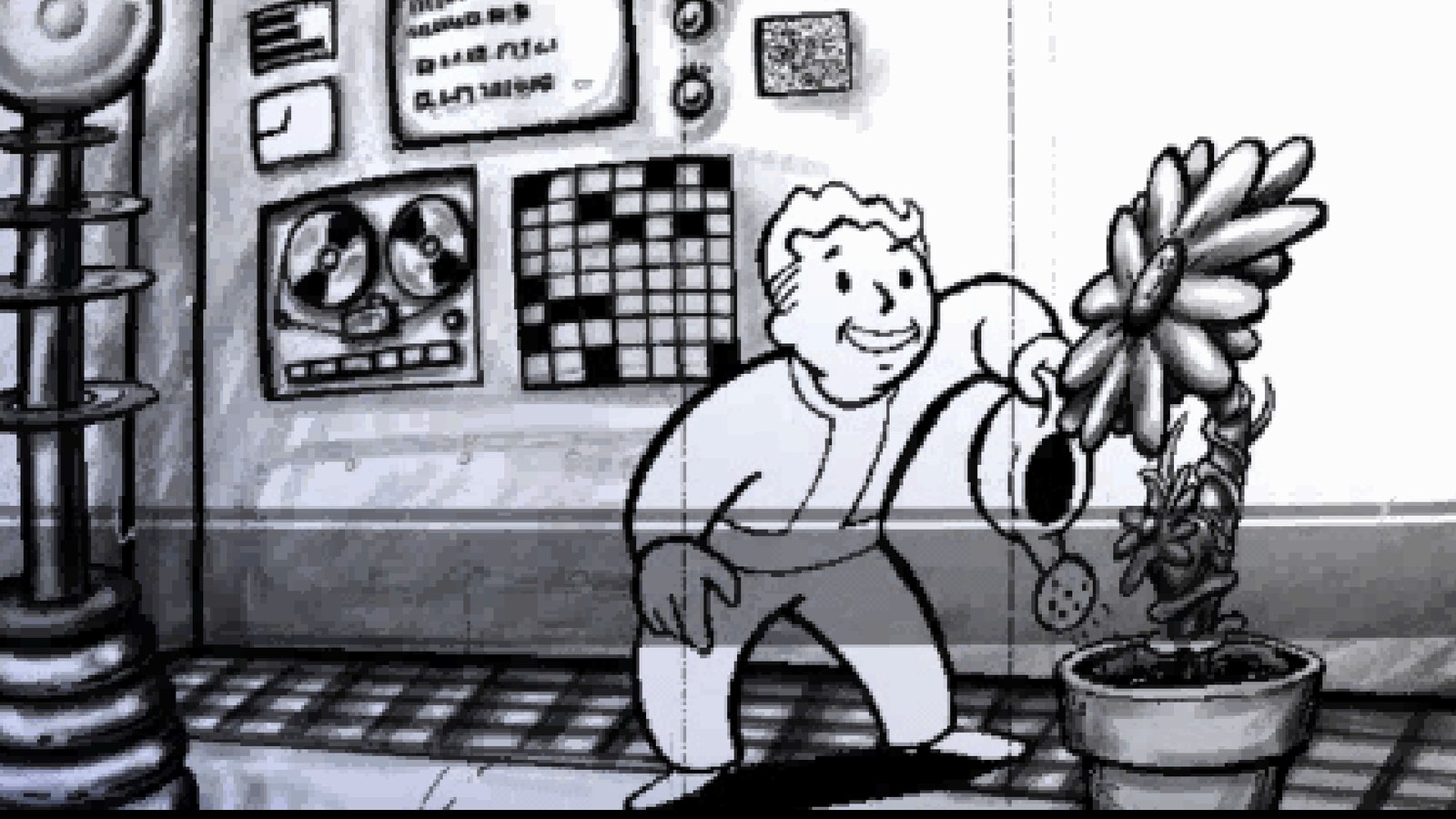 Vault Boy waters a plant