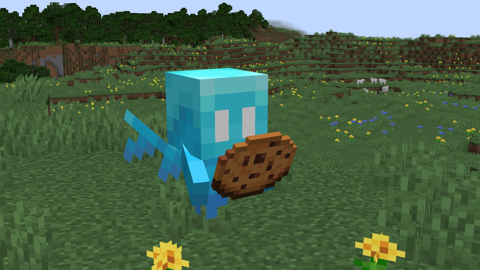 Minecraft - an Allay, small blue with wings, holds a cookie and flies through the air