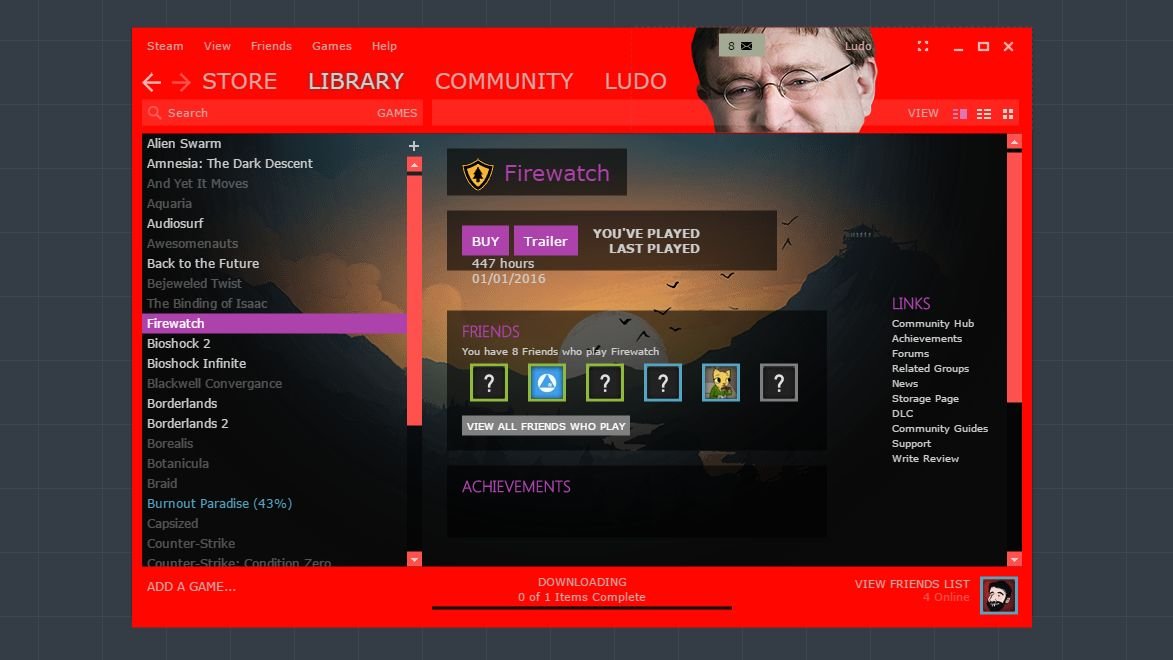 A custom Steam skin with Gabe Newell's face in the top right of the menu.