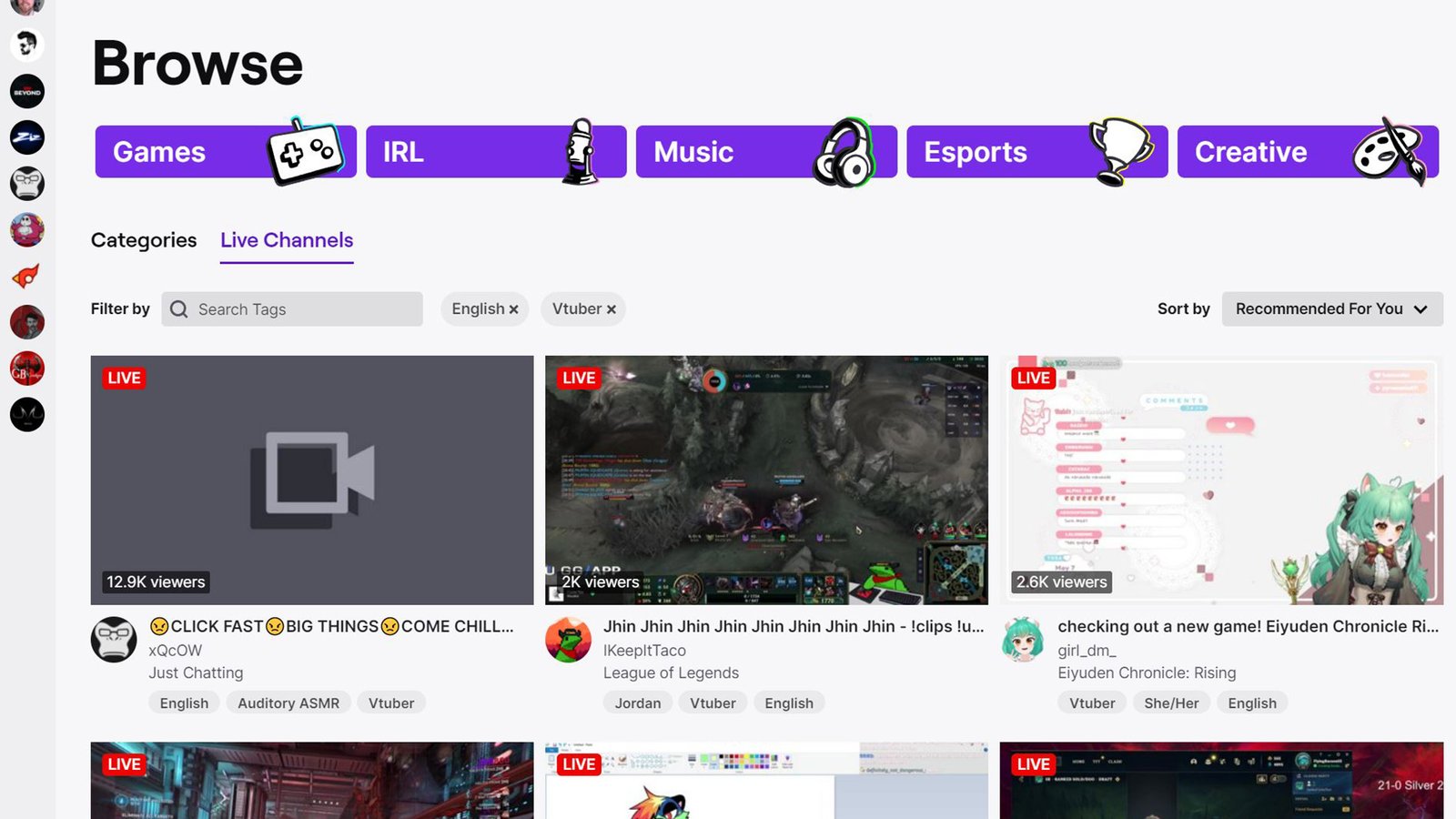 VTuber tag page on Twitch that features xQc in the top spot.