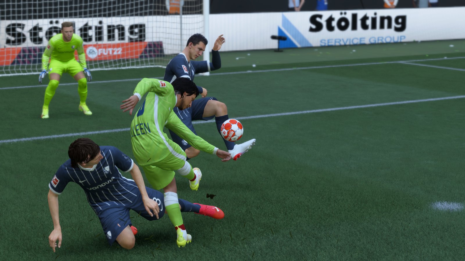 A player shoots at goal in FIFA 22.