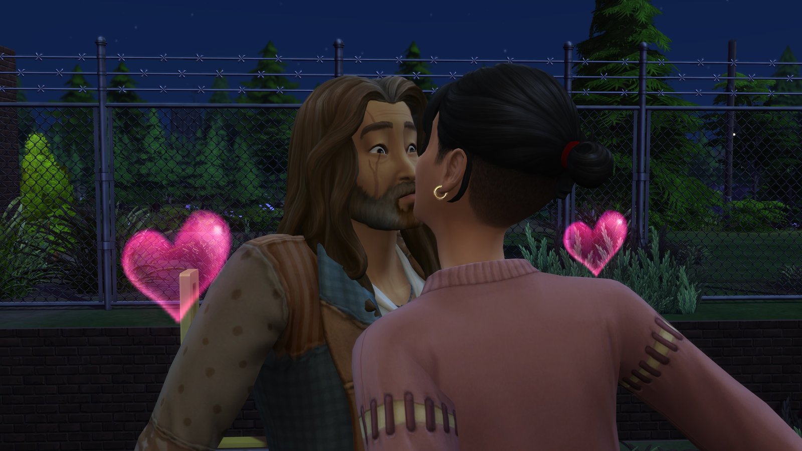 The Sims 4 Werewolves - Two Sims, Kristopher Volkov and Margaret Ruff, kiss at night outside the Moonwood Mill library.
