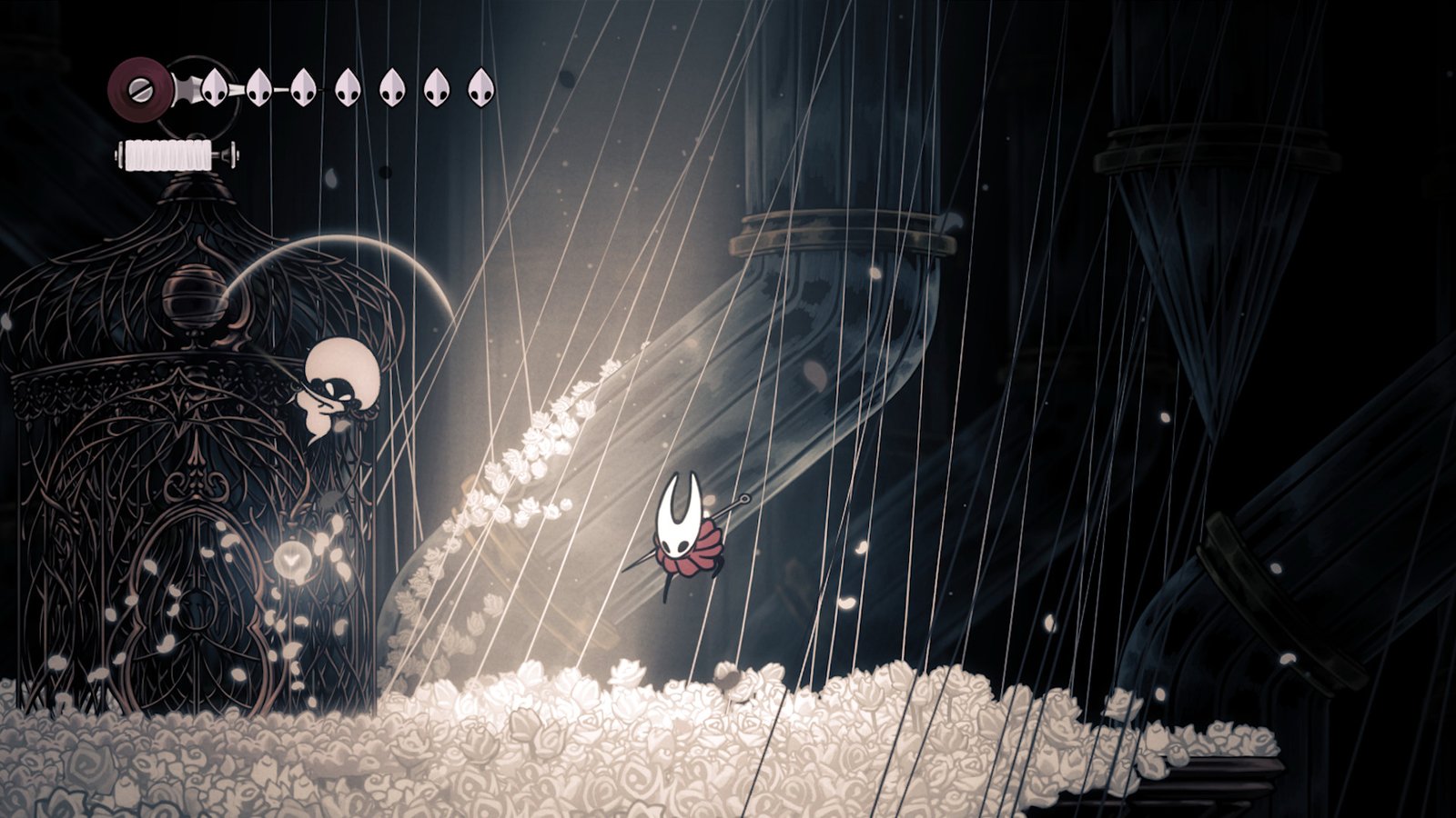 Screenshot from Hollow Knight: Silksong. Protagonist Hornet is falling towards the floor.