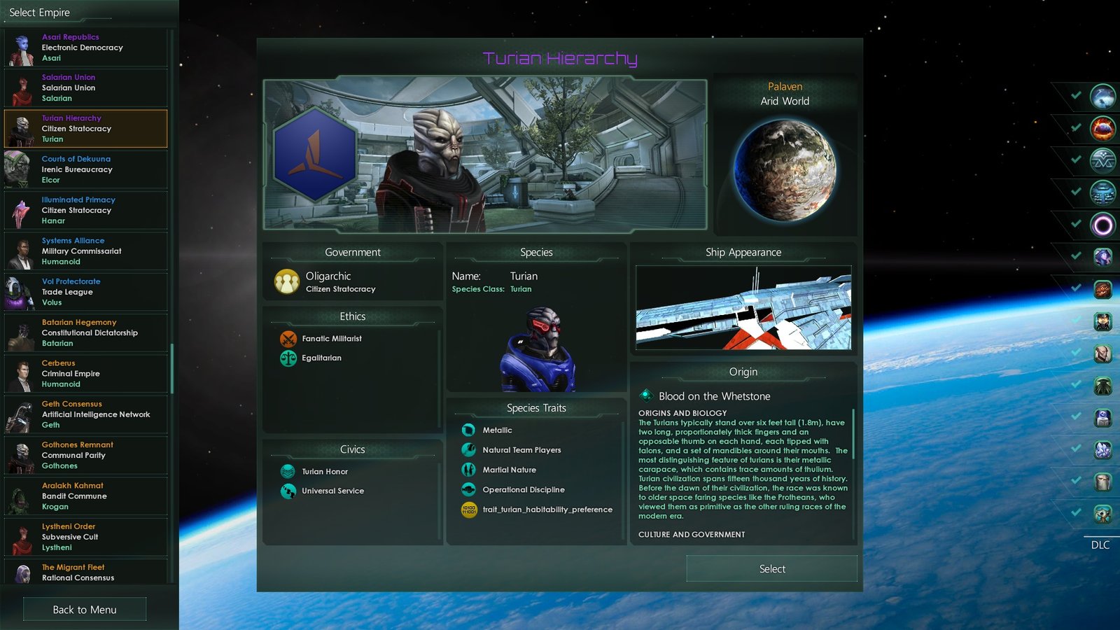 menu showing turian options in stellaris mod