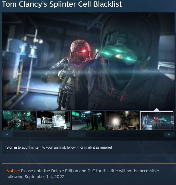 splinter cell blacklist steam page demonstrating that only dlc will be cut off for purchasers