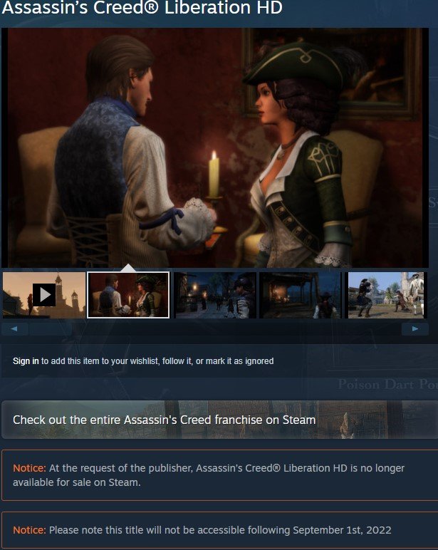 Assassin's creed liberation steam page demonstrating that the title will be rendered inaccessible to owners