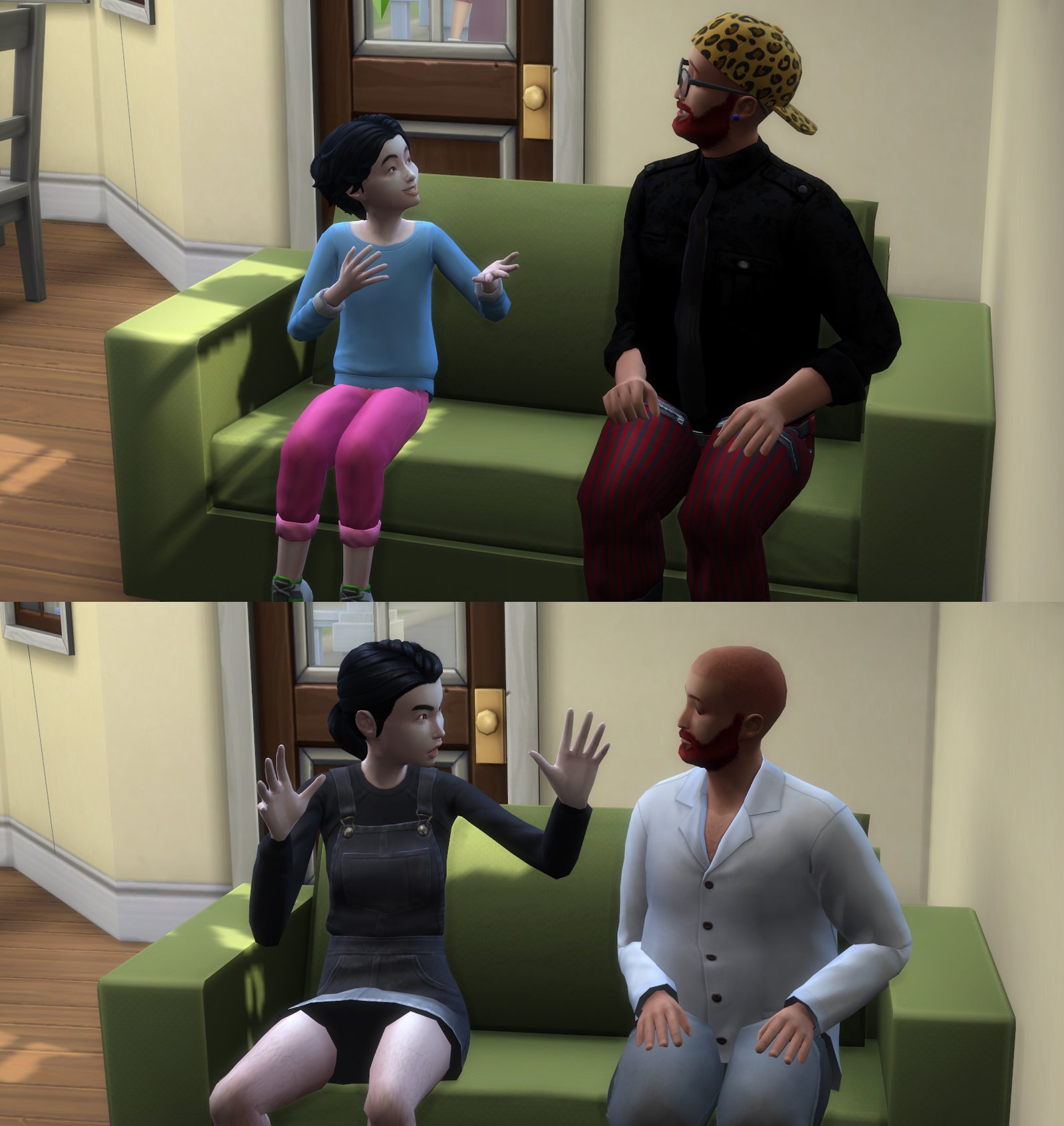 The Sims 4 characters talking on a couch