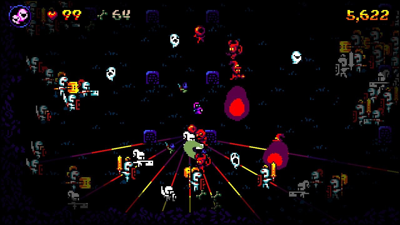 boneraiser minions overhead gameplay with lasers emanating from one character