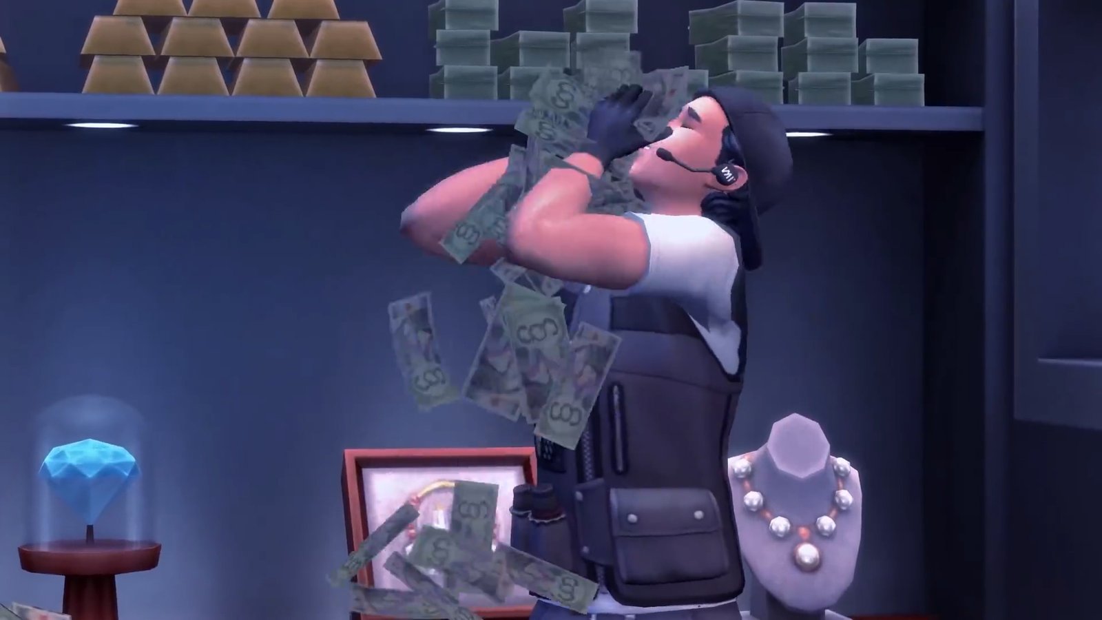Sims 4 cheats - A sim wearing a tactical vest and headset holds a stack of money