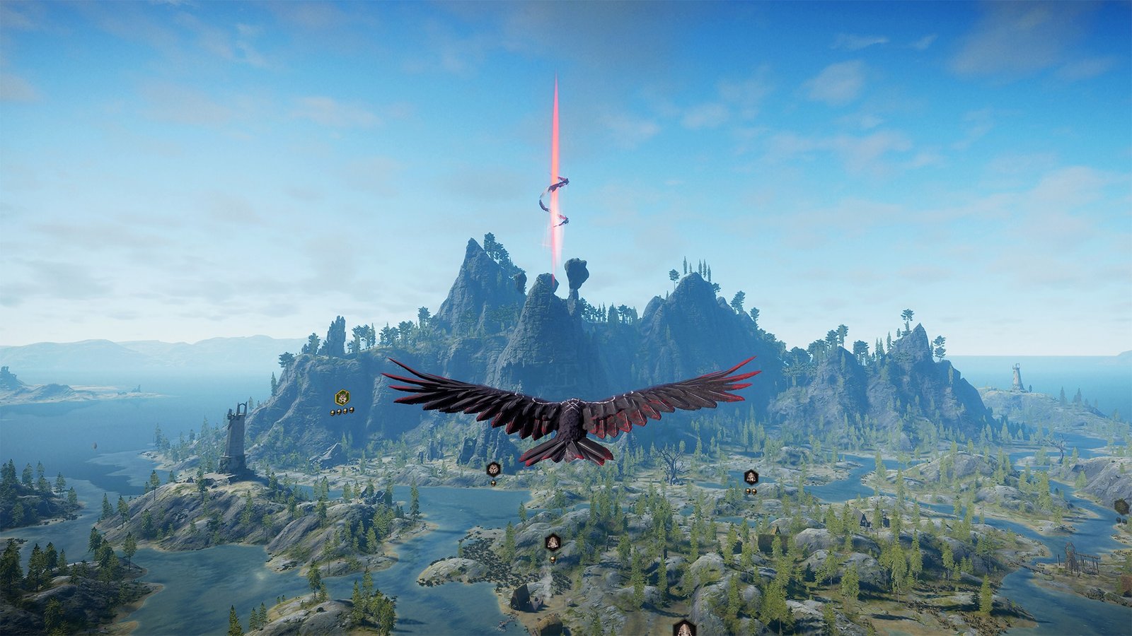 Ravenbound - A player flies as a raven over a forested and mountainous world towards a beacon of red light with interface symbols marking locations below.