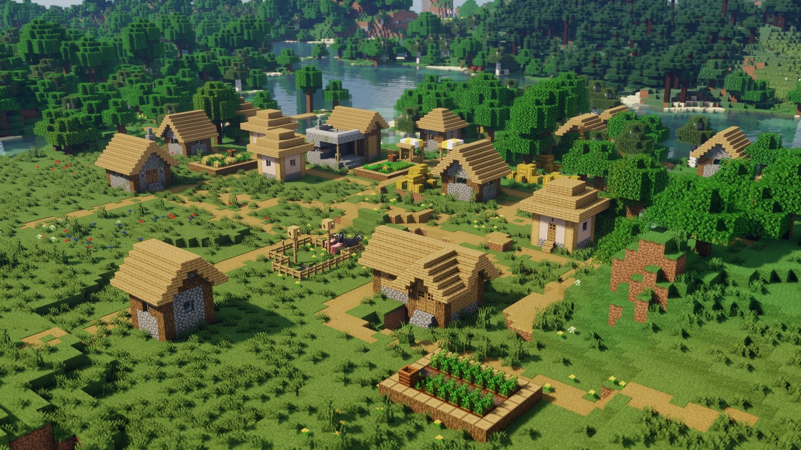 Minecraft shaders - an overhead view of a village during the day, houses and blocks casting shadows on the ground