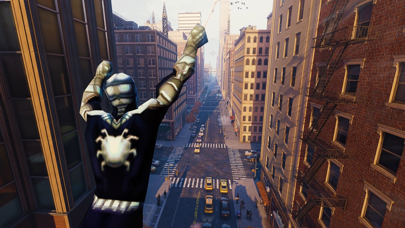 rear view of low poly armored spiderman swinging through streets of New York