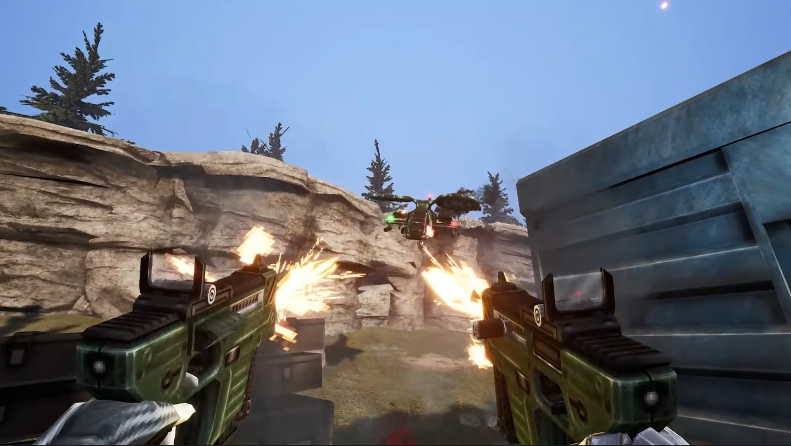 Firing dual SMGs off a train at a helicopter flying above some cliffs.