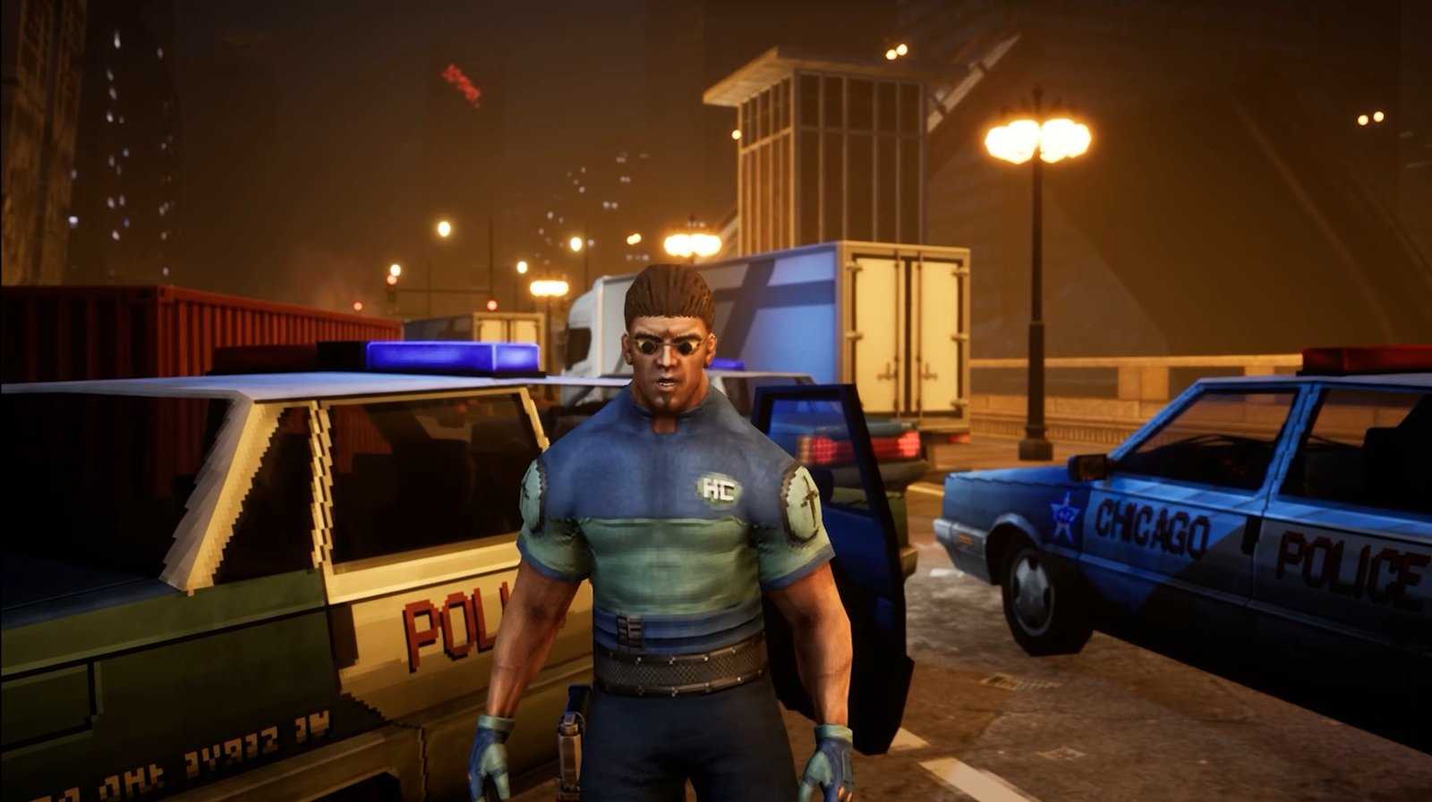Futuristic cybercop with robot eyes stands before gathered CPD cars with nighttime city and streetlights in background.
