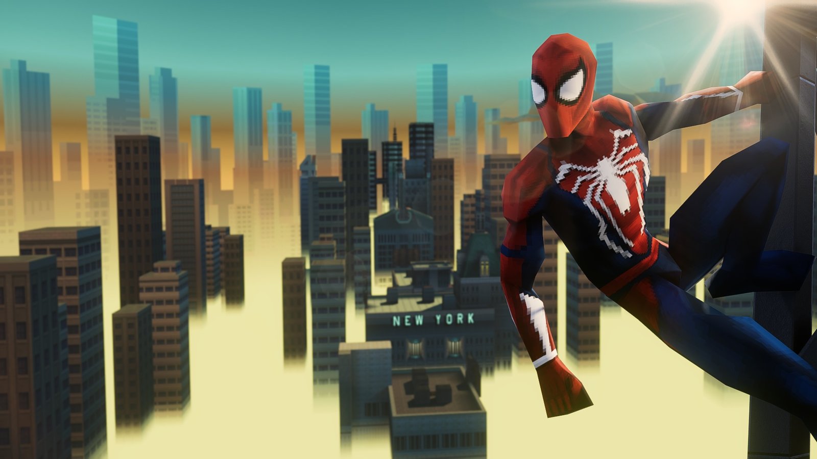 spiderman in low poly advanced suit clinging to side of building, new york awash in yellow gas visible in background