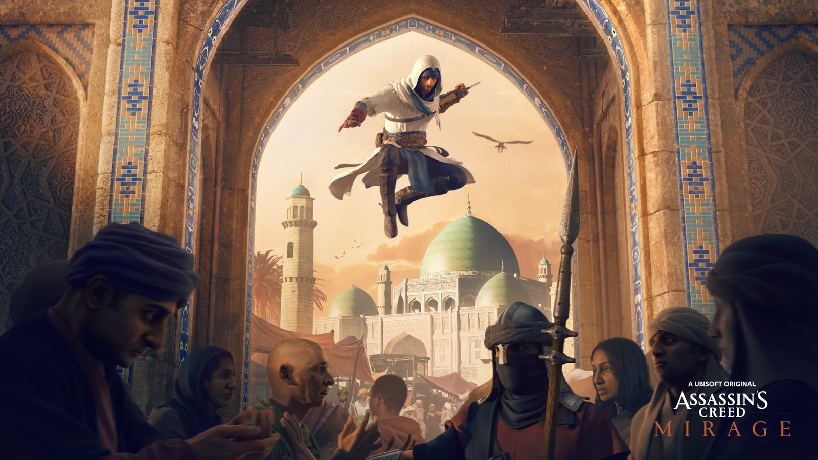An assassin wearing a hood and wielding a dagger, leaping over a crowd.