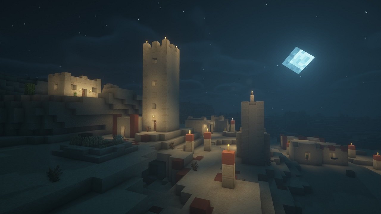 Minecraft BSL shaders - a desert village at night, slightly foggy