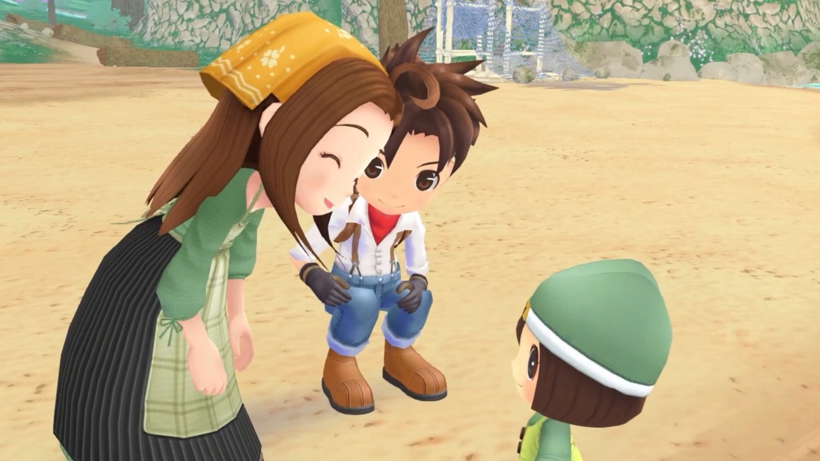 Story of Seasons: A Wonderful Life - The farmer and Cecilia bend down to talk to their toddler near the beach.