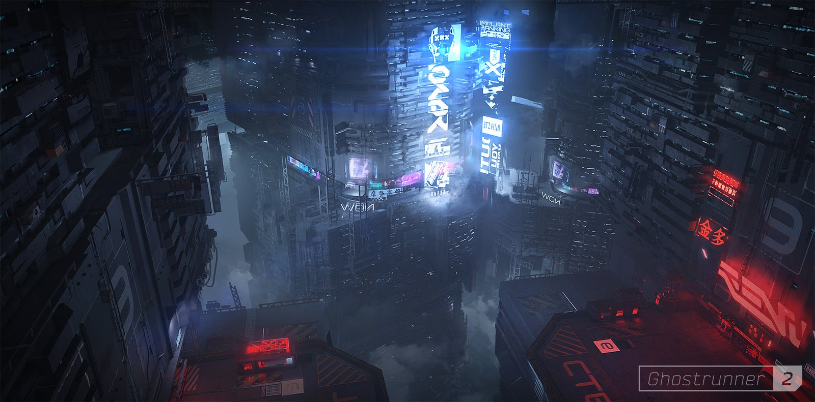 Ghostrunner 2 concept art of a cyberpunk cityscape