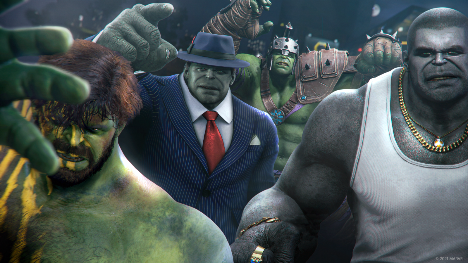 A group of Hulks in different skins from Marvel's Avengers.