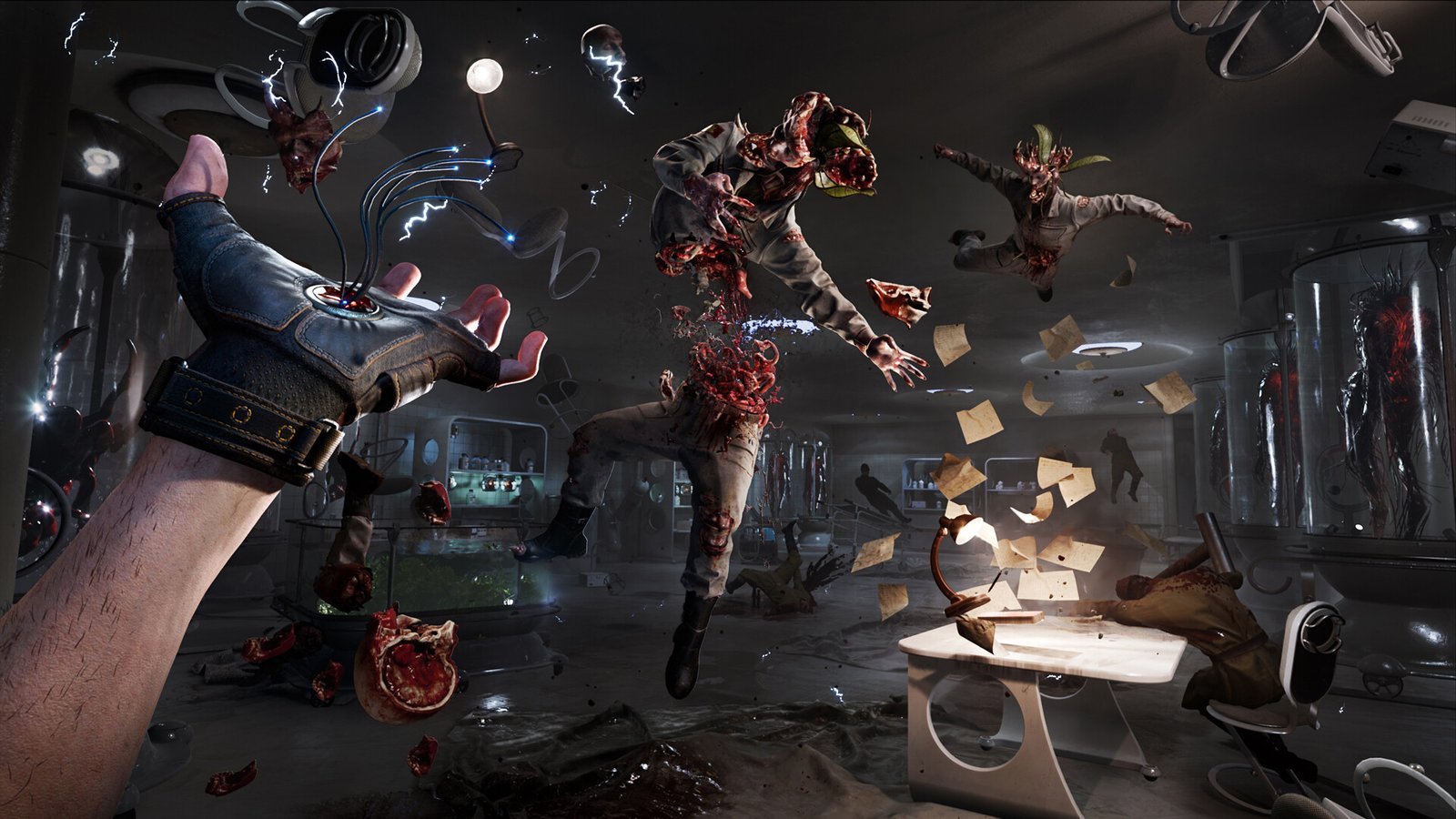 Atomic Heart — a first-person screenshot from Atomic Heart, with the protagonist using telekinesis to lift the disintegrating corpse of a human-plant zombie hybrid.