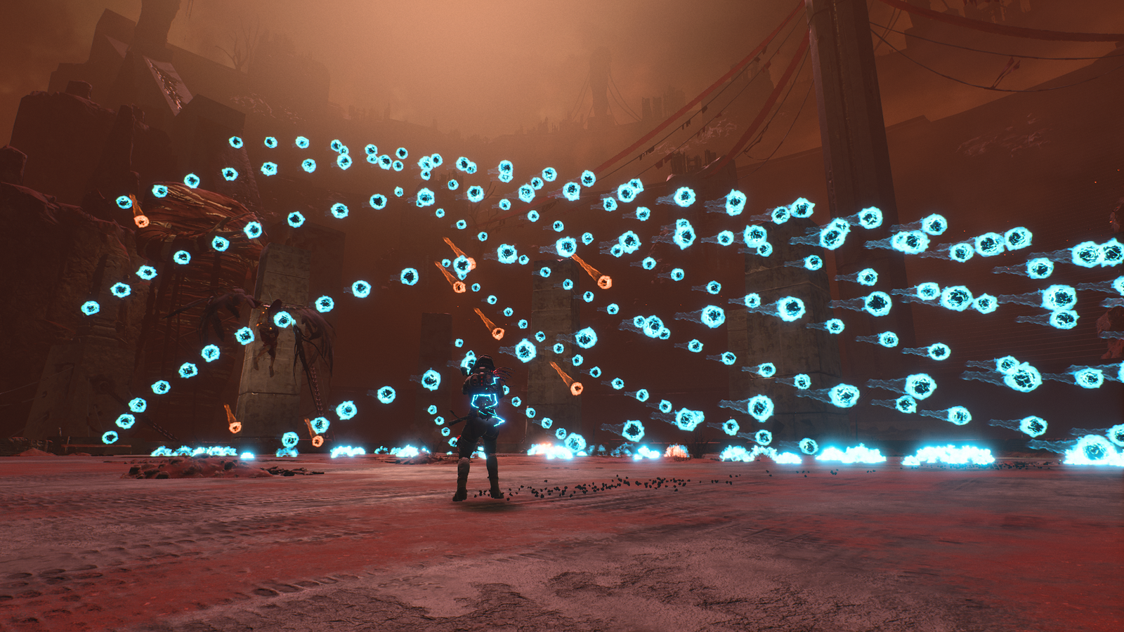 A boss fight with projectiles filling the screen in Returnal.