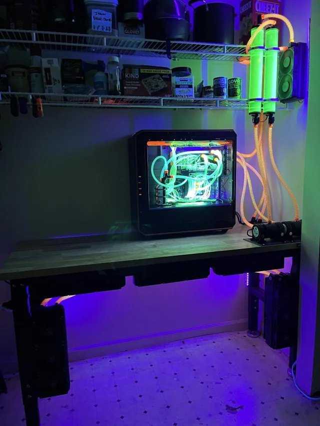 A custom liquid cooled gaming PC with UV fluorescent liquid