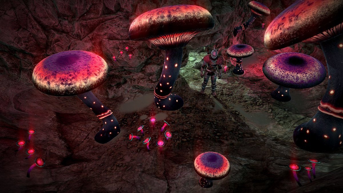 Mortal Crux knight wandering in a red lit mushroom cave