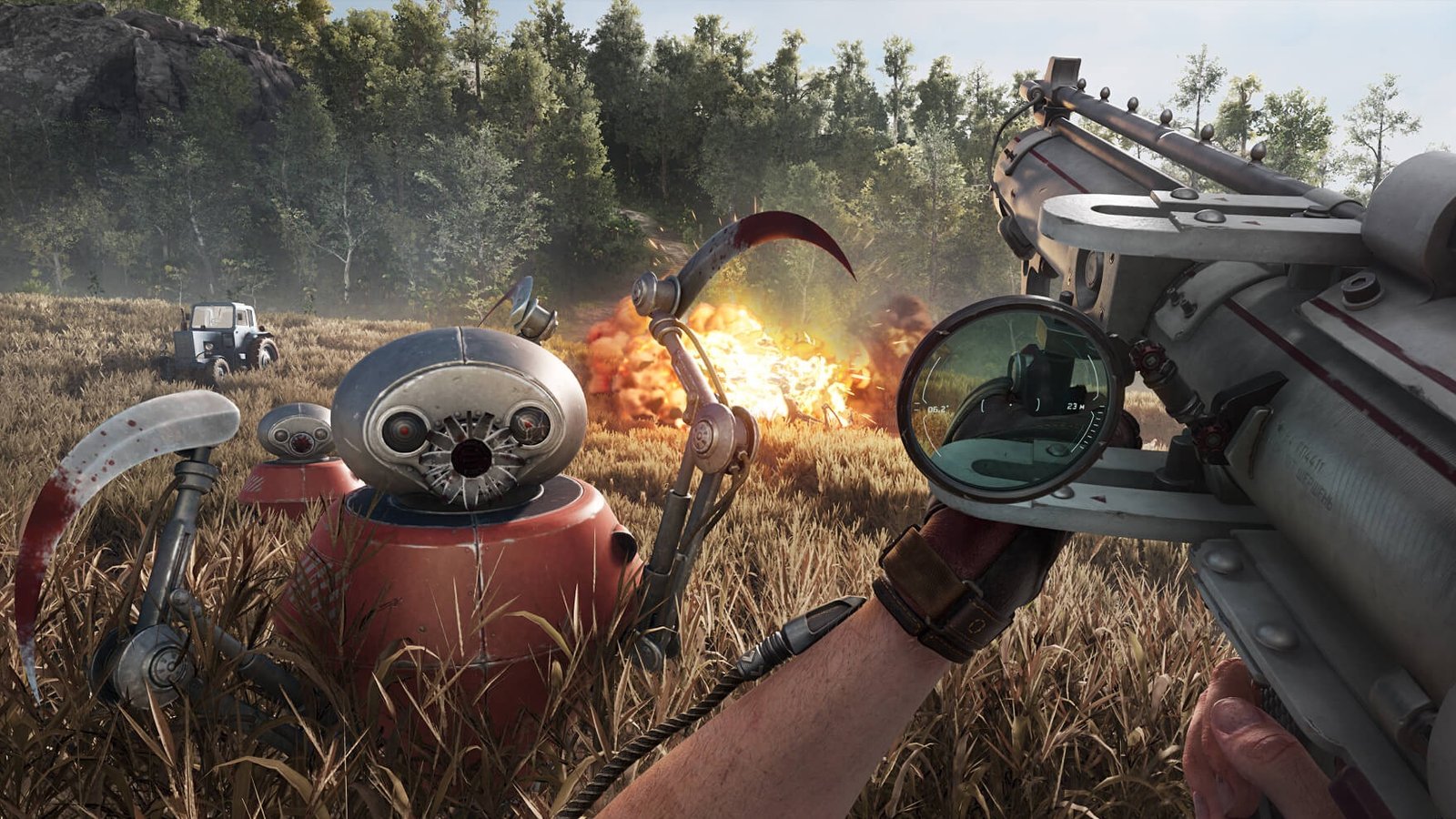 Atomic Heart - In first person, the main character holds a rocket launcher pointed at approaching robots with scythe arms while an explosion goes off in a field behind them.