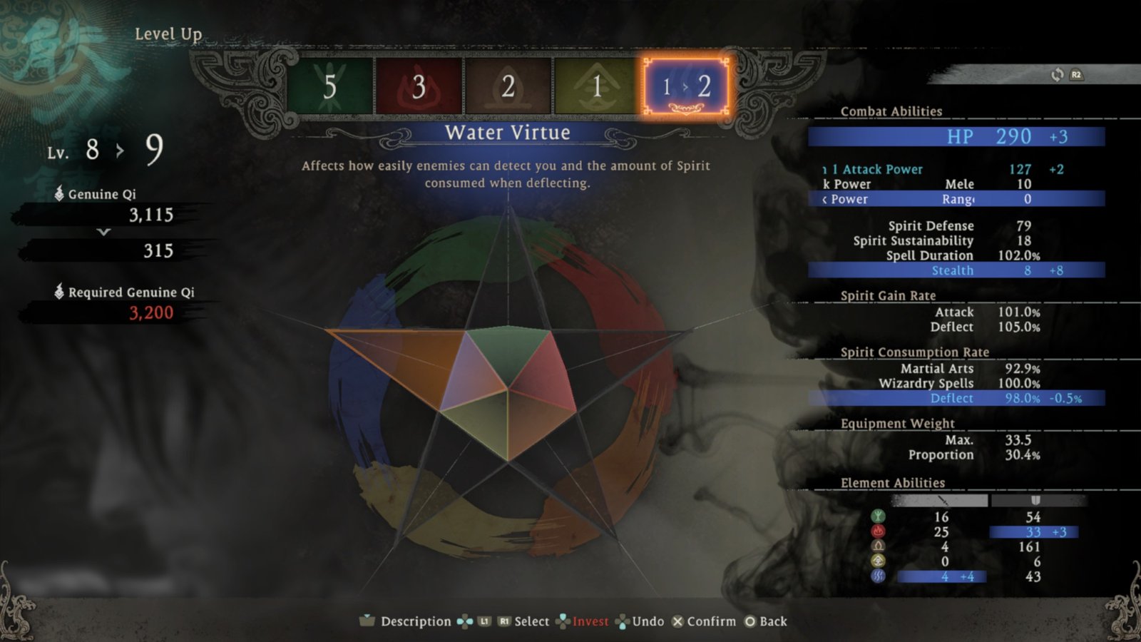 Wo Long: Fallen Dynasty deflect difficulty - Water Virtue in the level menu