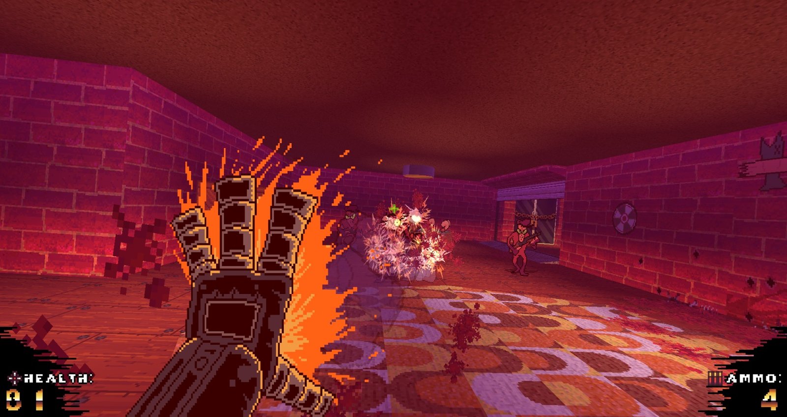 gameplay with fire coming from hand in dark lit room attacking enemies