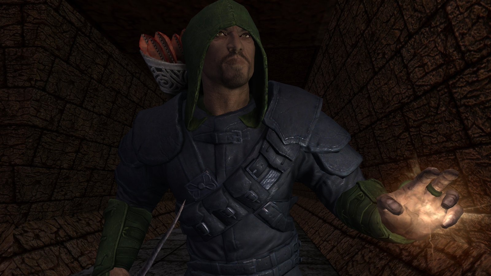 A hooded hero in one of Skygerfall's dungeons