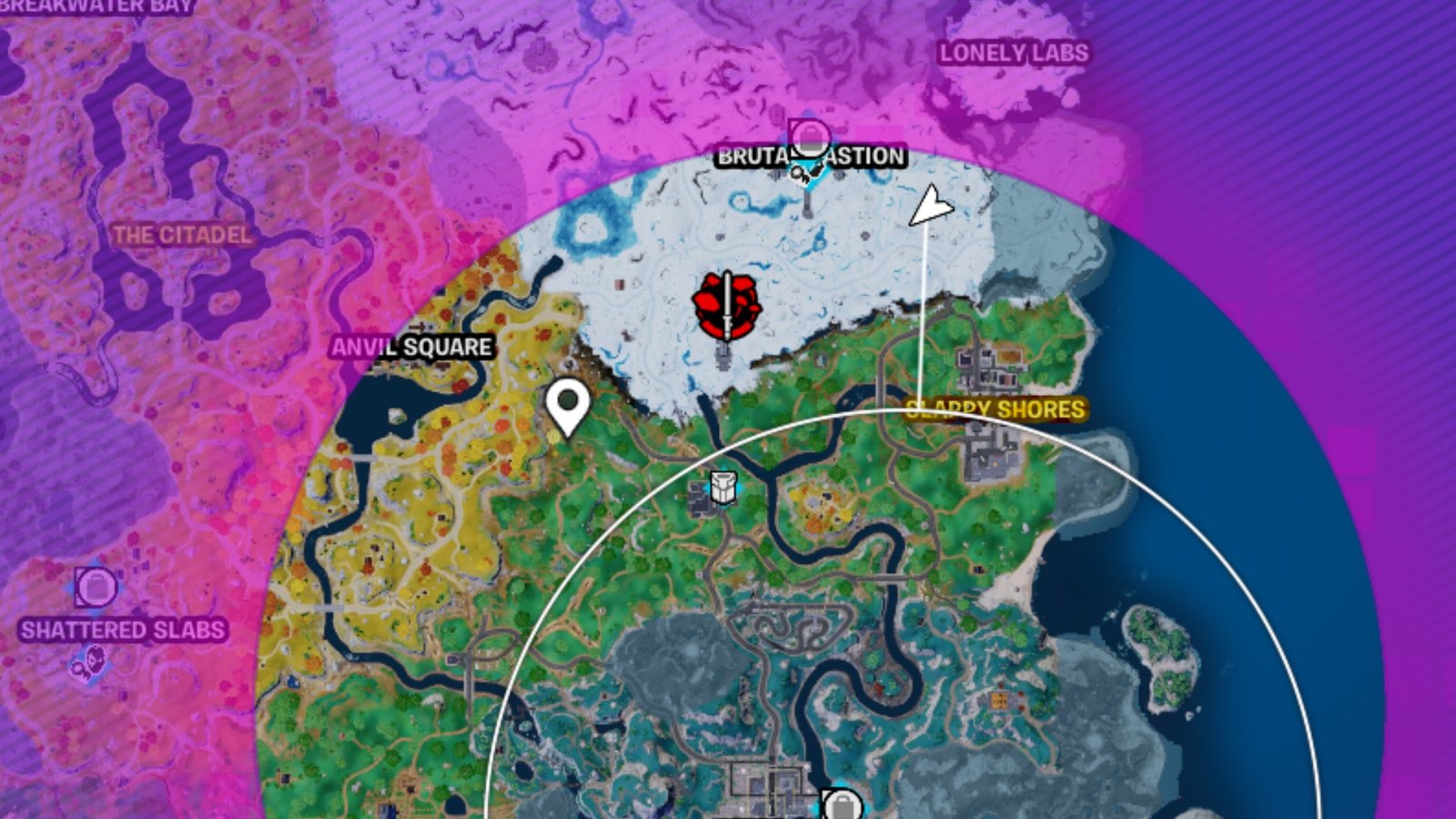 Fortnite map screenshot showing a red and white symbol of a lightsaber